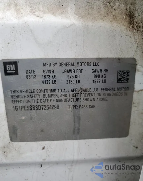 2013 Chevrolet Cruze Lt из США, поврежденный, VIN 1G1PE5SB3D7264296